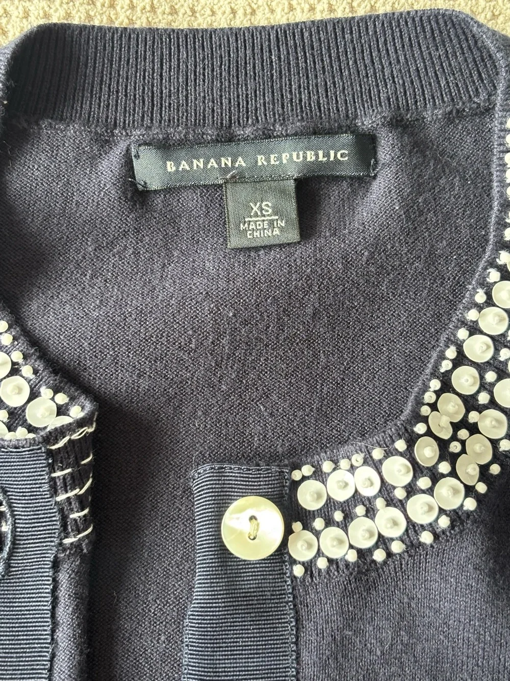 Banana Republic Navy Blue Embellished Jewel Neck Cotton Cardigan Sweater XS